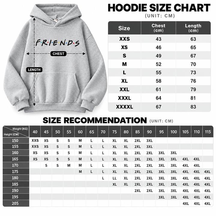 Hoodie size chart image with chest and length guidance plus height and weight recommendations