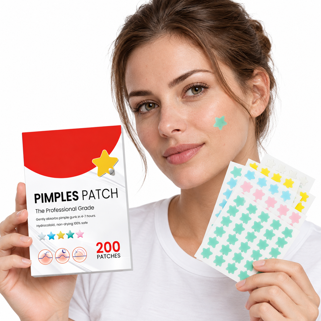 Adult woman wearing a mint star patch on her cheek and holding the product pack and colorful sheets against a white backdrop.
