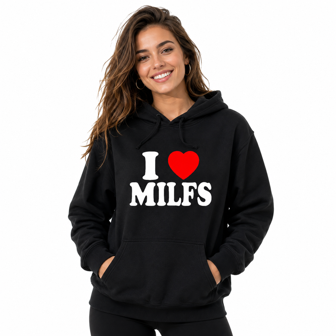 Black graphic hoodie on adult female model, front studio view on white background with hood, pocket and printed chest design.