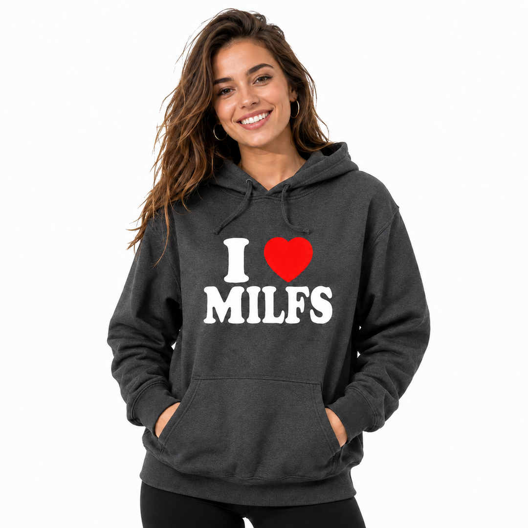 Dark gray graphic hoodie on adult female model, front studio view on white background with hood, pocket and printed chest design.