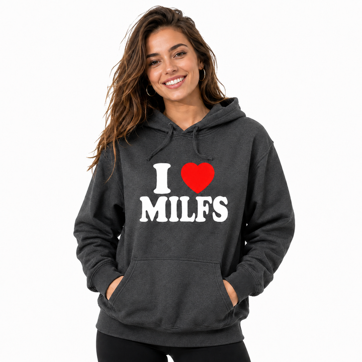 Dark gray graphic hoodie on adult female model, front studio view on white background with hood, pocket and printed chest design.
