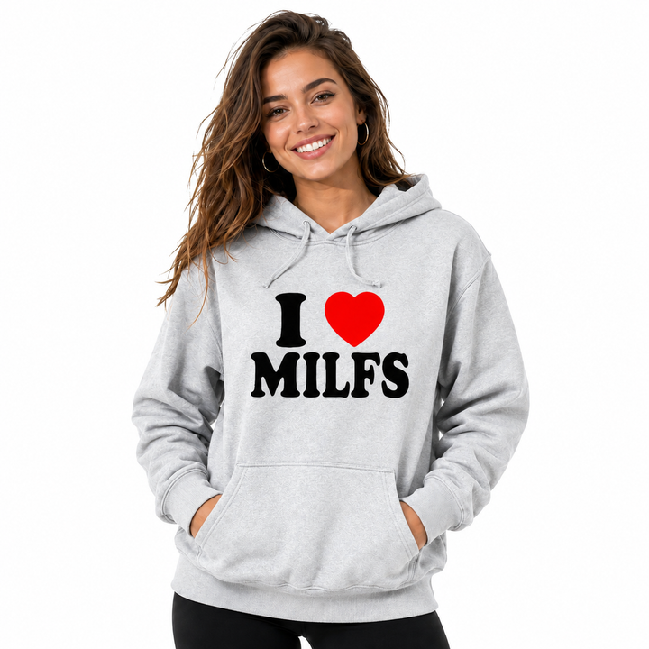 Light gray graphic hoodie on adult female model, front studio view on white background with hood, pocket and printed chest design.