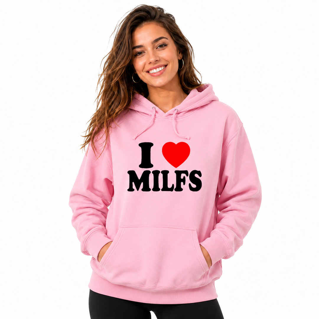 Pink graphic hoodie on adult female model, front studio view on white background with hood, pocket and printed chest design.