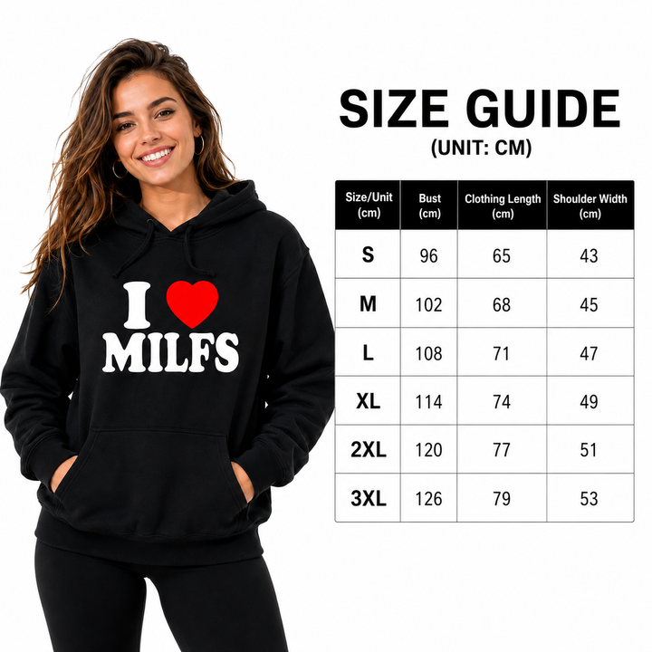 Graphic hoodie size guide with adult female model and verified S to 3XL measurements in centimeters on white background.