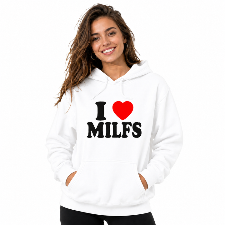 White graphic hoodie on adult female model, front studio view on white background with hood, pocket and printed chest design.