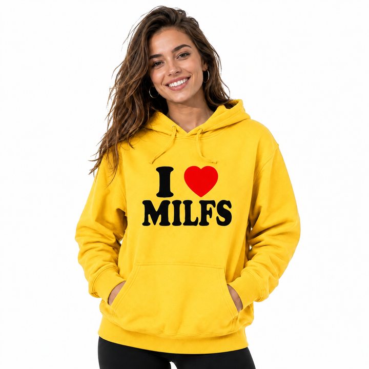 Yellow graphic hoodie on adult female model, front studio view on white background with hood, pocket and printed chest design.