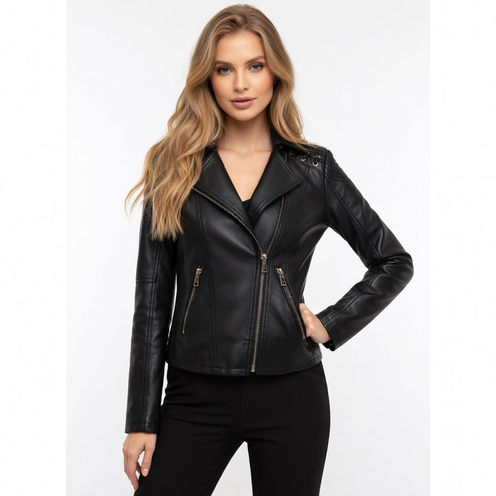 women slim leather jacket close up PU texture smooth finish detail