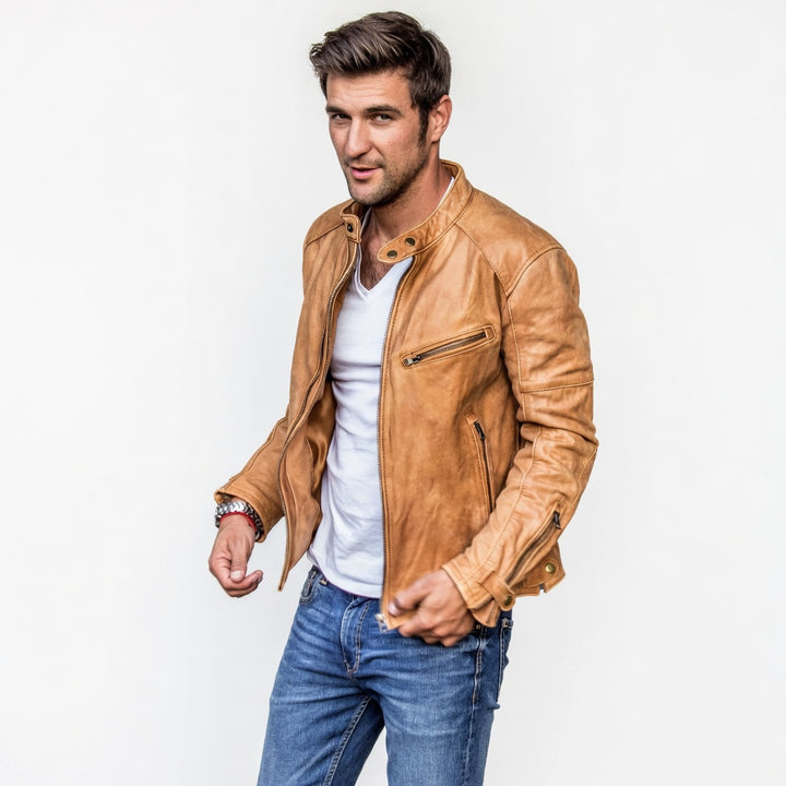 Close-up of black faux leather texture and zipper detail on a men&