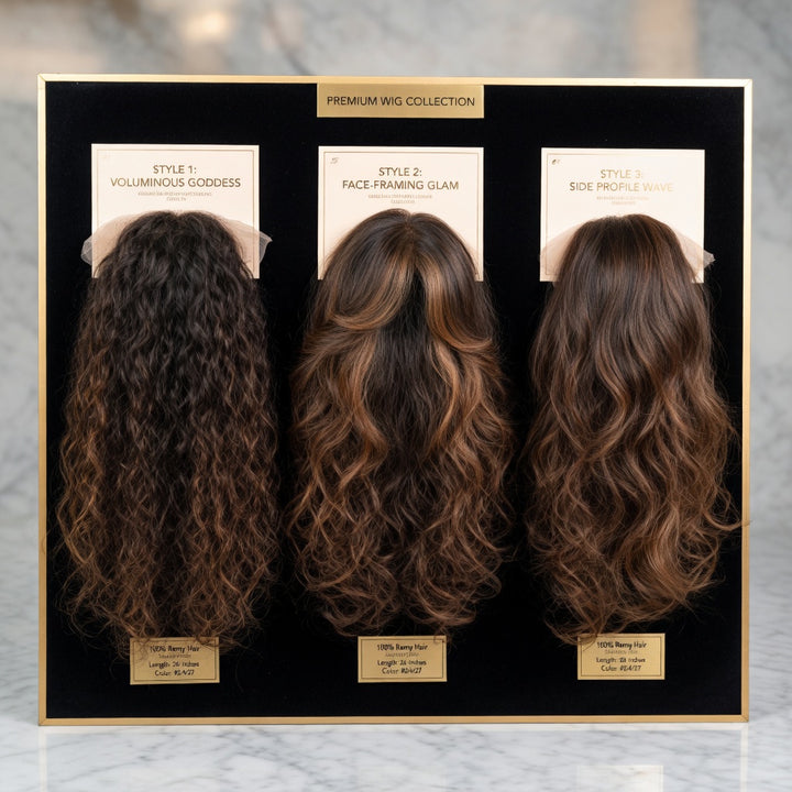 Long curly synthetic wig dyeable Kanekalon fiber oblique bangs draped face beauty close-up lifelike finish visible
