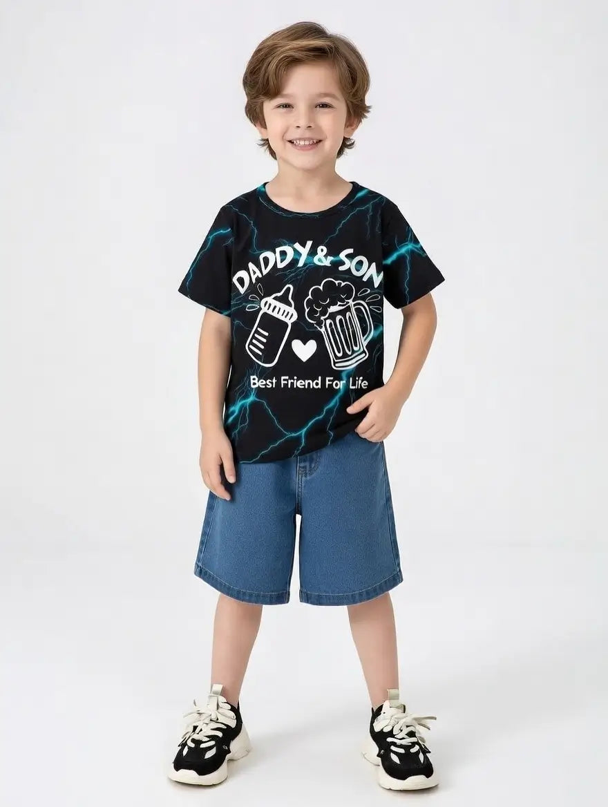 Daddy & Son Lightning Set denim shorts detail relaxed fit outdoor setting