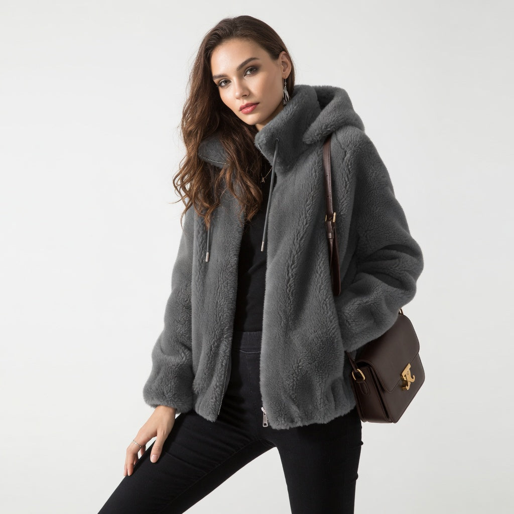 Women fleece cardigan side profile, loose fit high neck coat, double fleece layer, winter casual wear