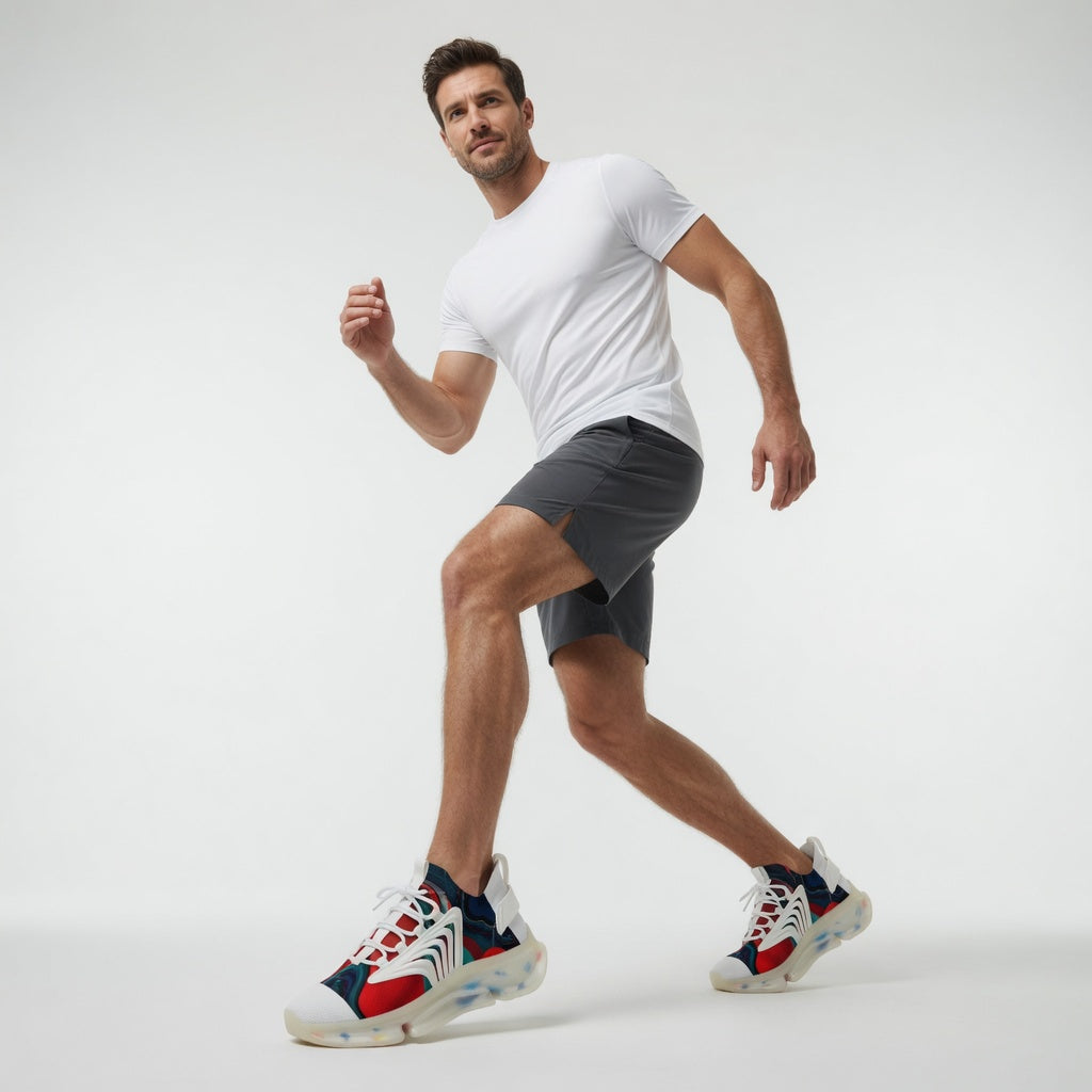 Men's lightweight mesh sneakers in white – front view showing breathable knit upper and clean toe cap
