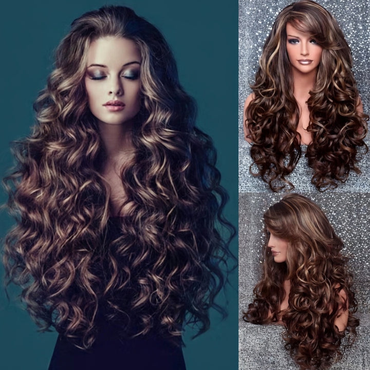Curly rose net wig soft supple texture fingers gently running through loose waves tactile premium product detail
