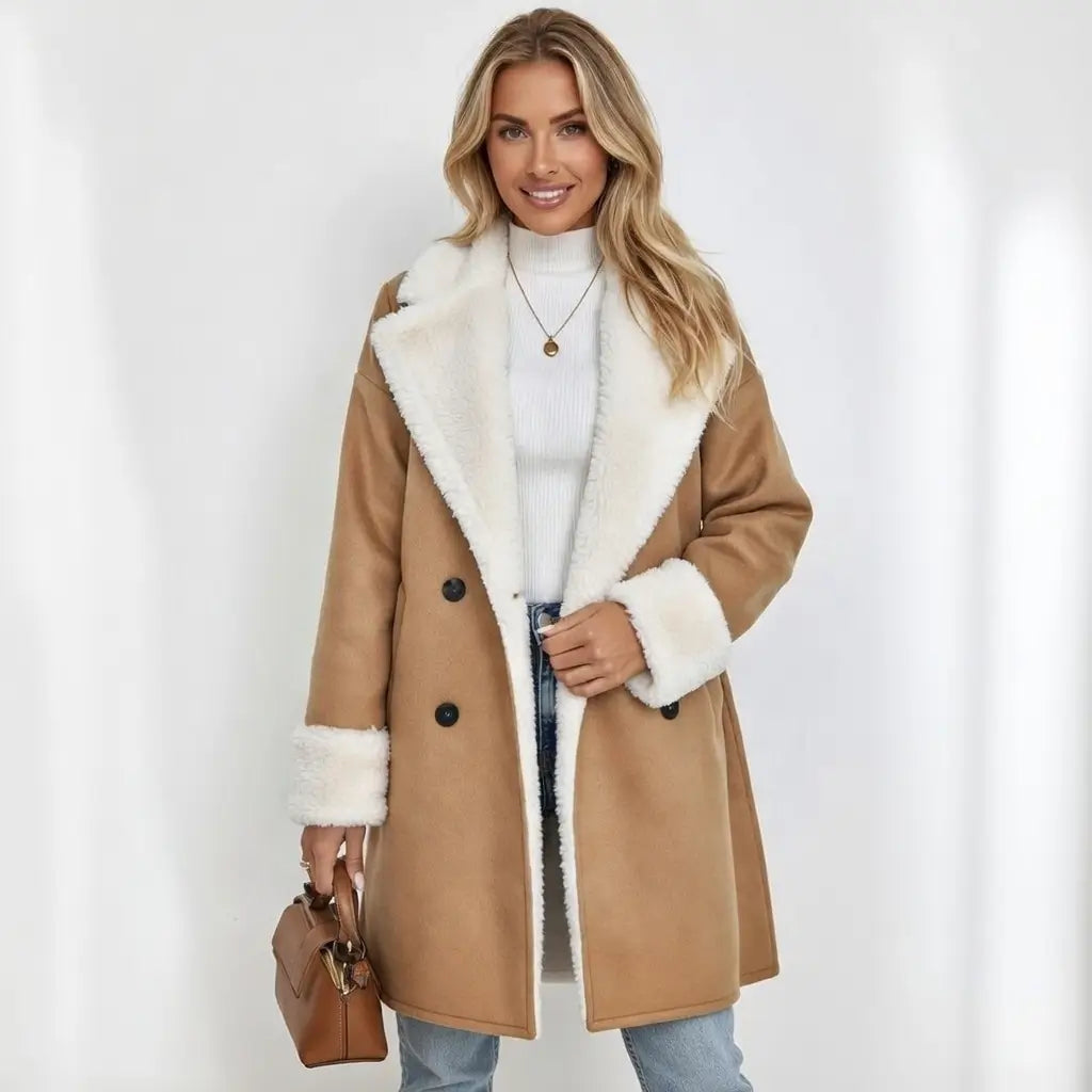 Khaki Woolen Coat Women Elegant Minimal Polyester Fit
