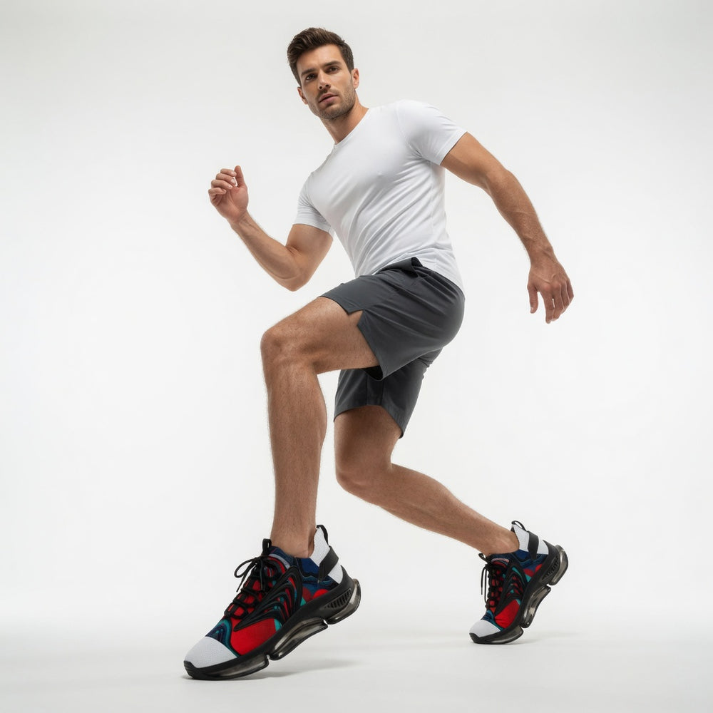 Close-up detail of open-weave mesh upper on men's running shoe, showing airflow panels and ventilation
