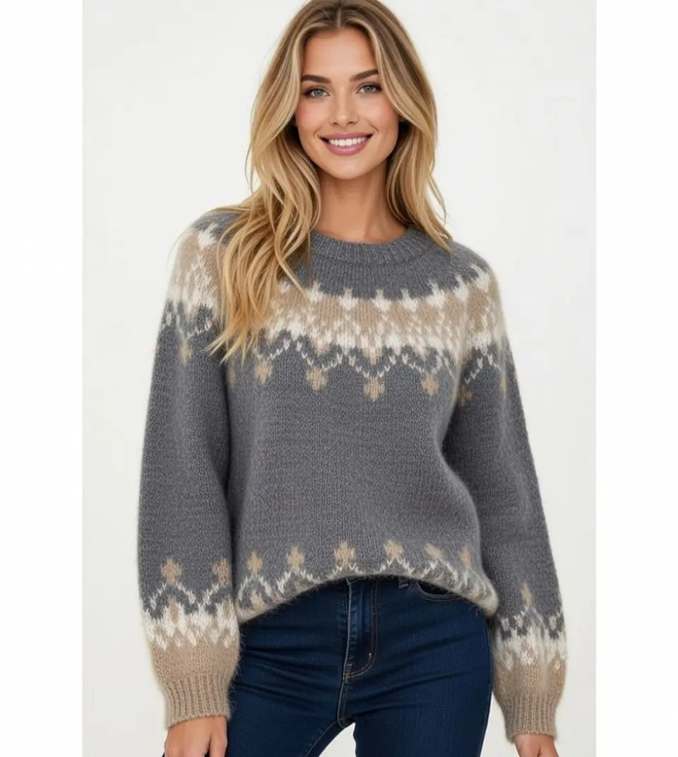 casual jacquard sweater gray front view autumn styling