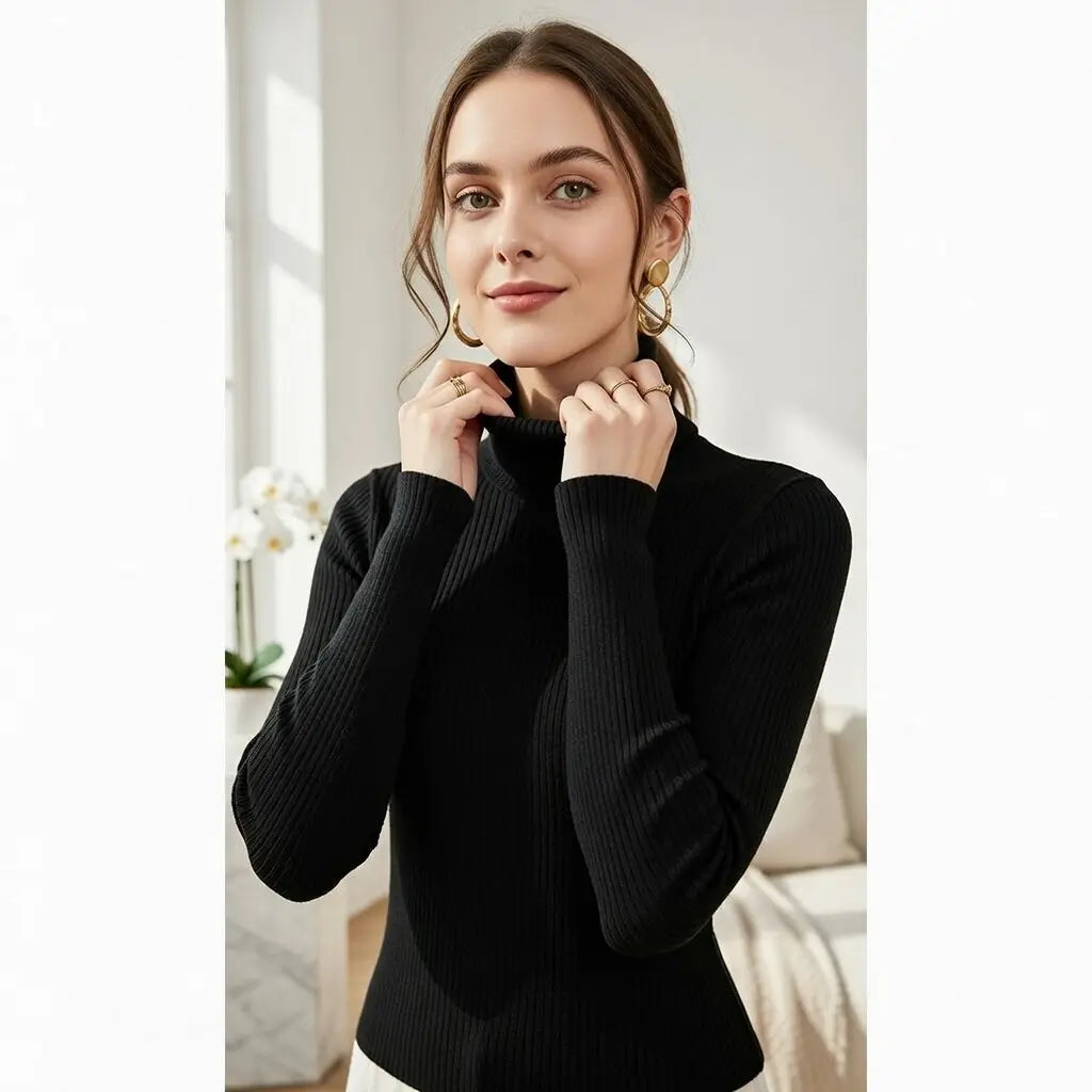 viscose slim fit turtleneck sweater camel color studio portrait professional setting