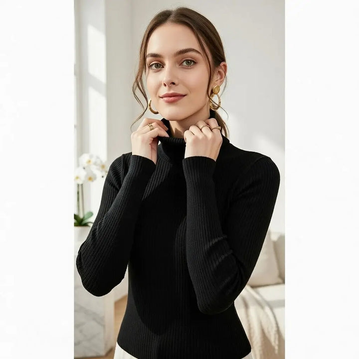 viscose slim fit turtleneck sweater camel color studio portrait professional setting