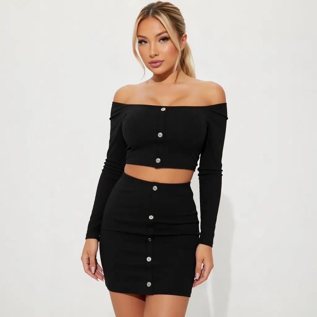 off shoulder bodycon two piece set close-up lantern sleeve detail soft drape