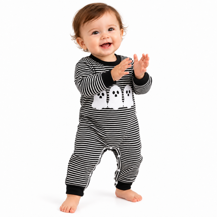 Black striped baby jumpsuit with white ghost graphics, full front model view