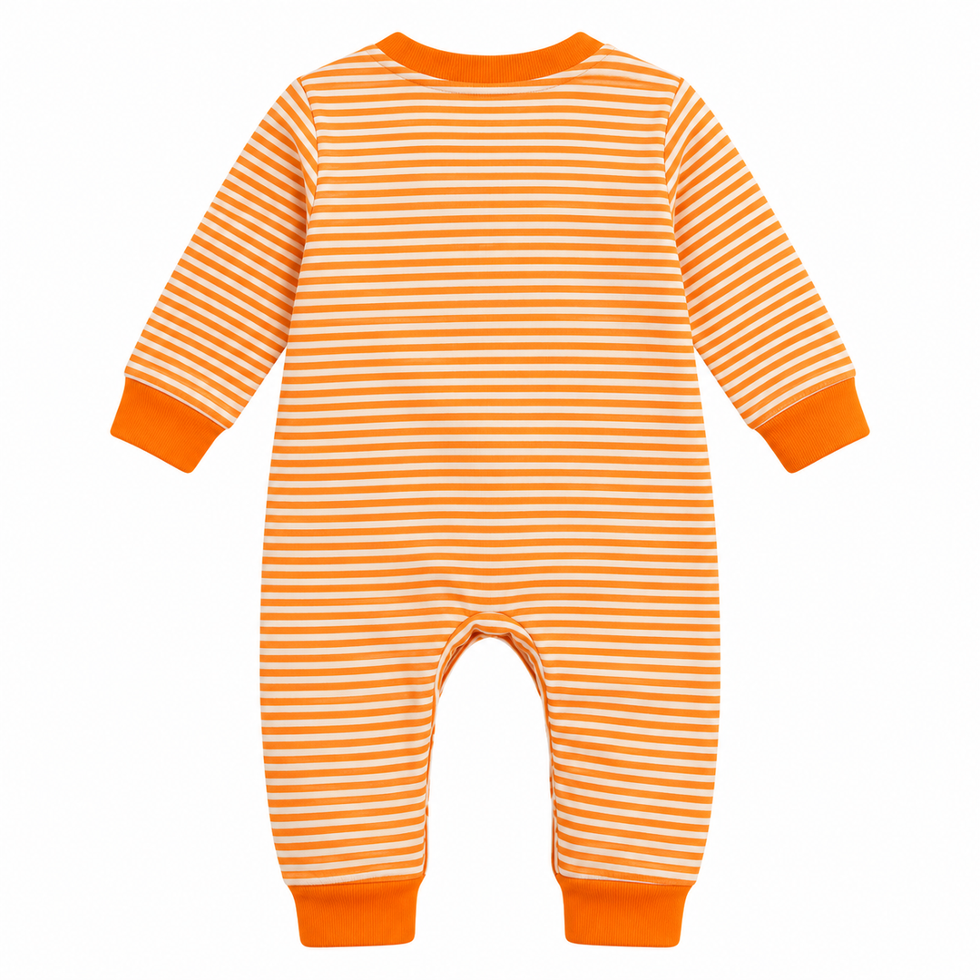 Orange striped baby jumpsuit isolated back view