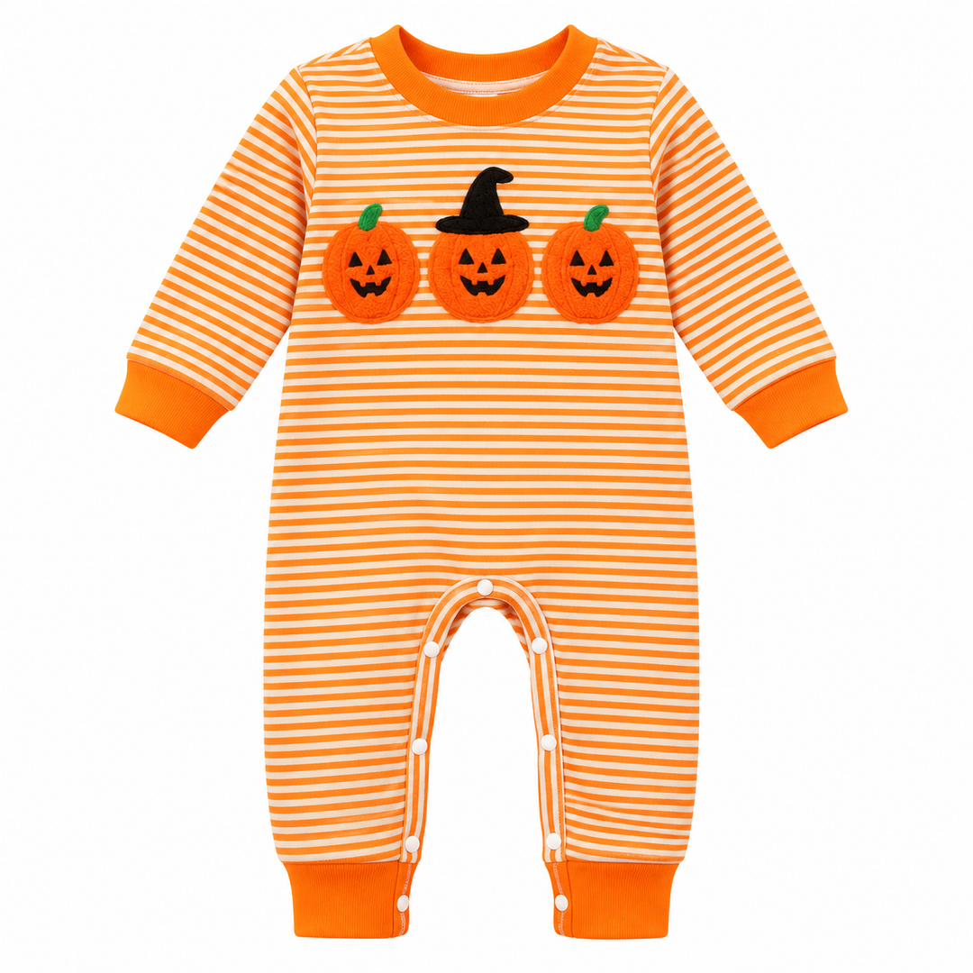 Orange striped Halloween one-piece jumpsuit with pumpkin graphic, isolated front view