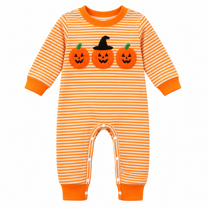 Orange striped Halloween one-piece jumpsuit with pumpkin graphic, isolated front view