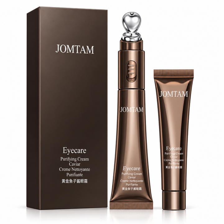 Golden Caviar eye cream set with applicator, refill tube and box on white background