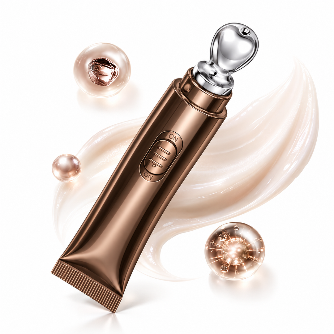 Applicator shown with cream texture and pearl-like decorative spheres