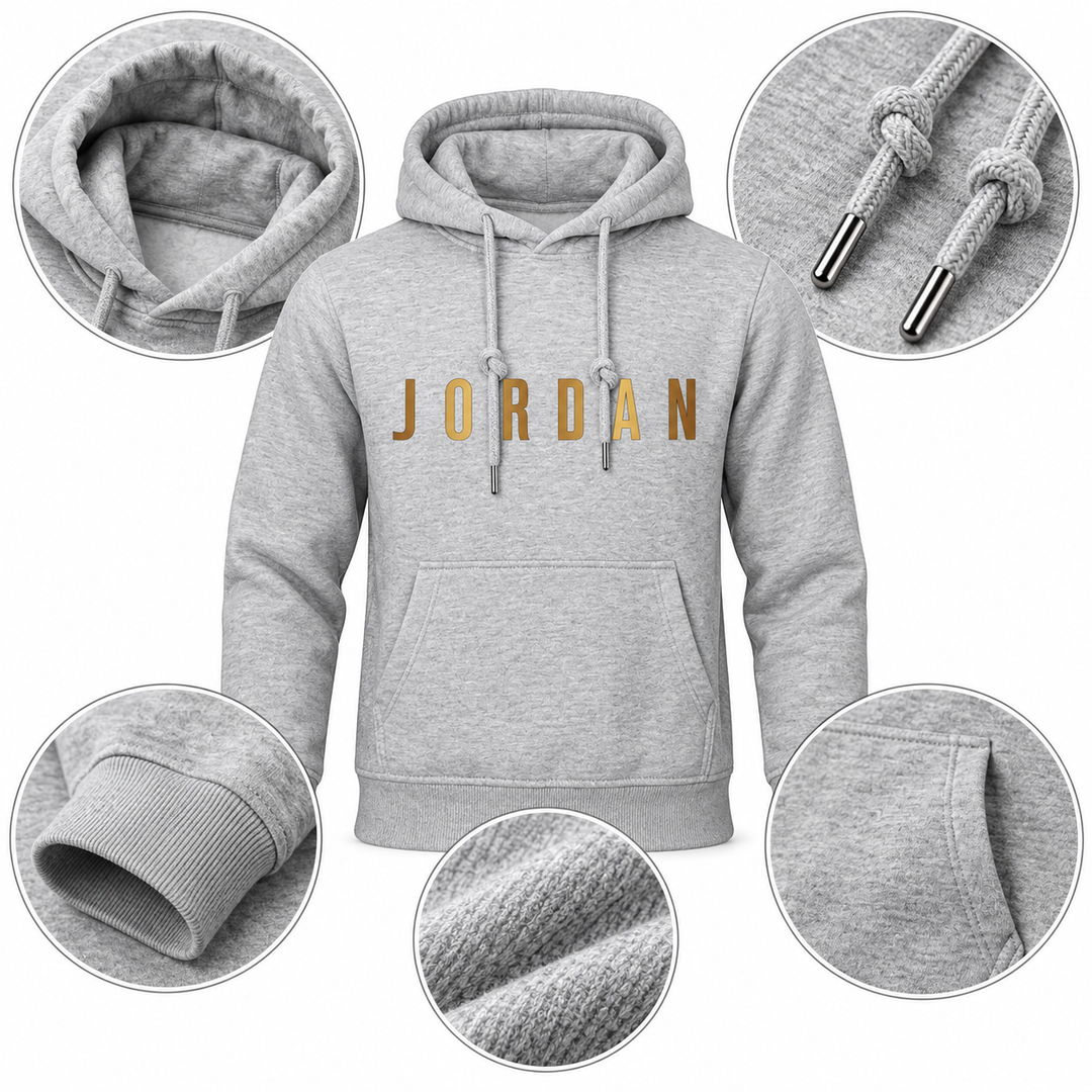 Light gray hoodie detail view with hood, drawstrings, cuff, pocket and knit texture