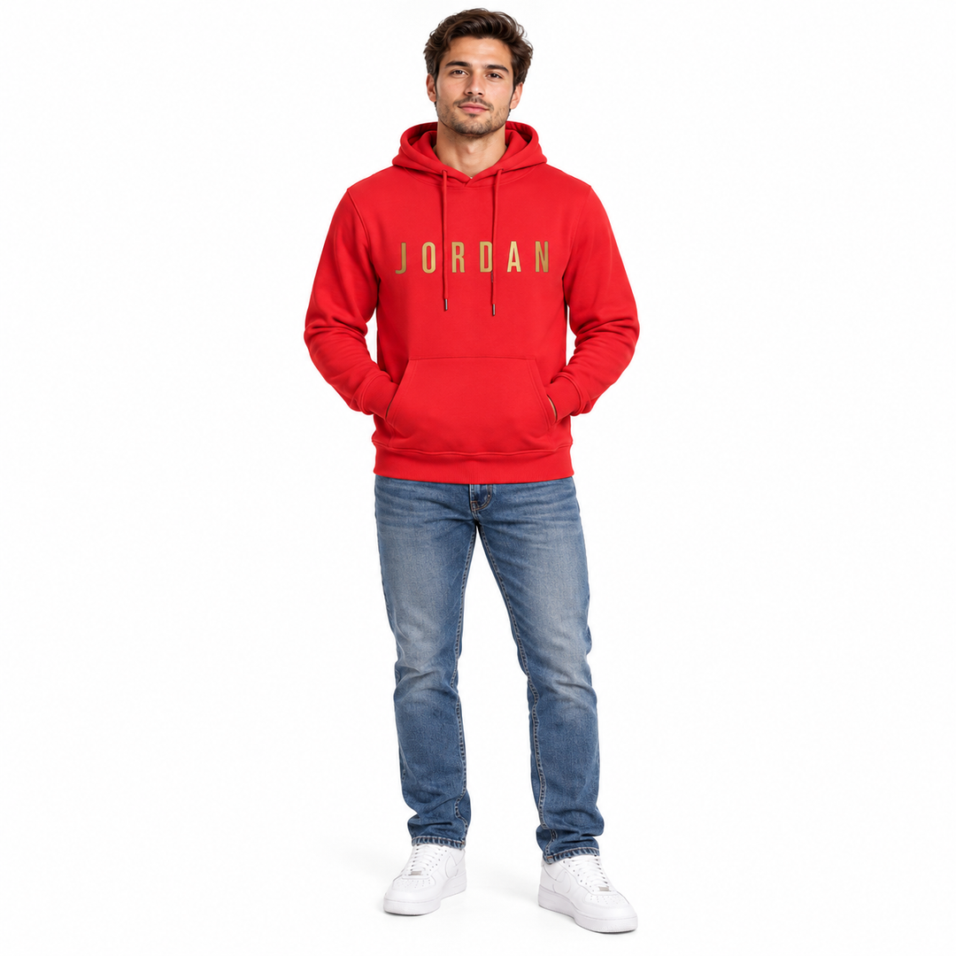 Jordan hoodie for men in red with gold lettering, full-body front view