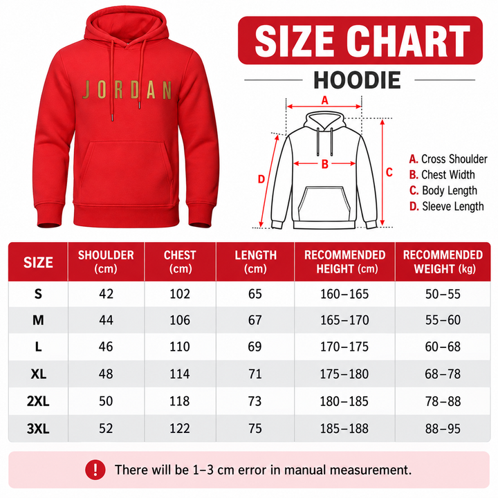 Jordan hoodie size chart S to 3XL with shoulder, chest, length, height and weight