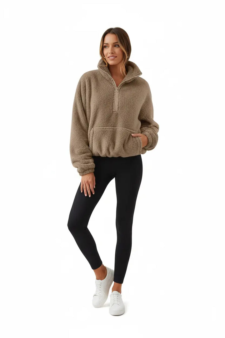 velvet fleece half zip sweater army green stand collar detail indoor light