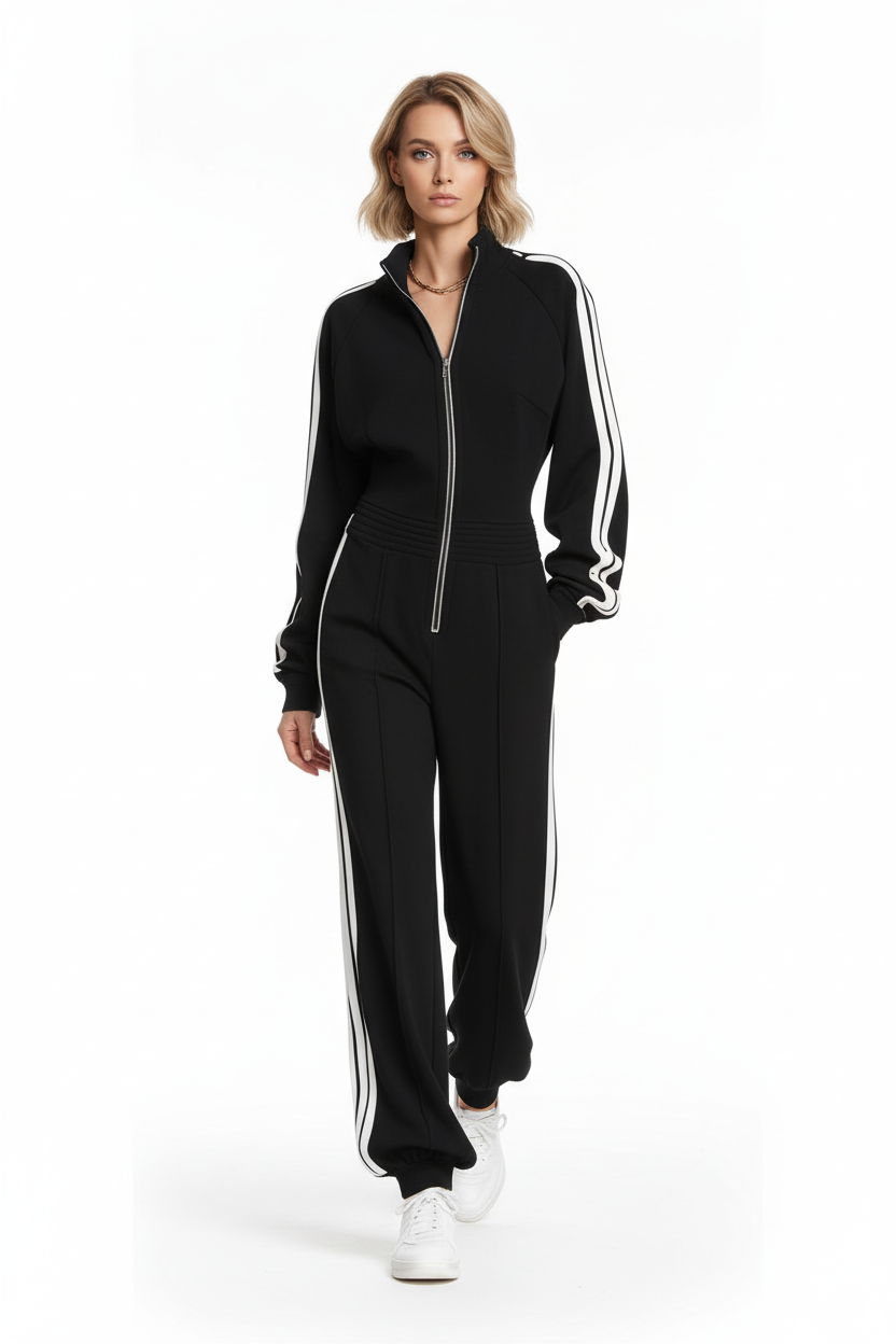 Front view of women's two piece athleisure set with half zip top and relaxed fit pants