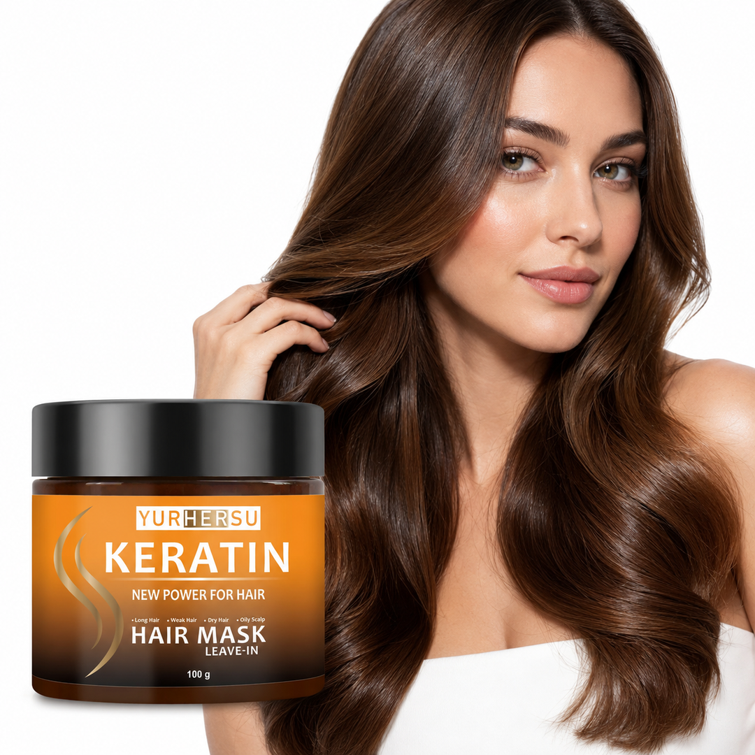 Keratin leave-in hair mask beside woman with long glossy brown hair on white background
