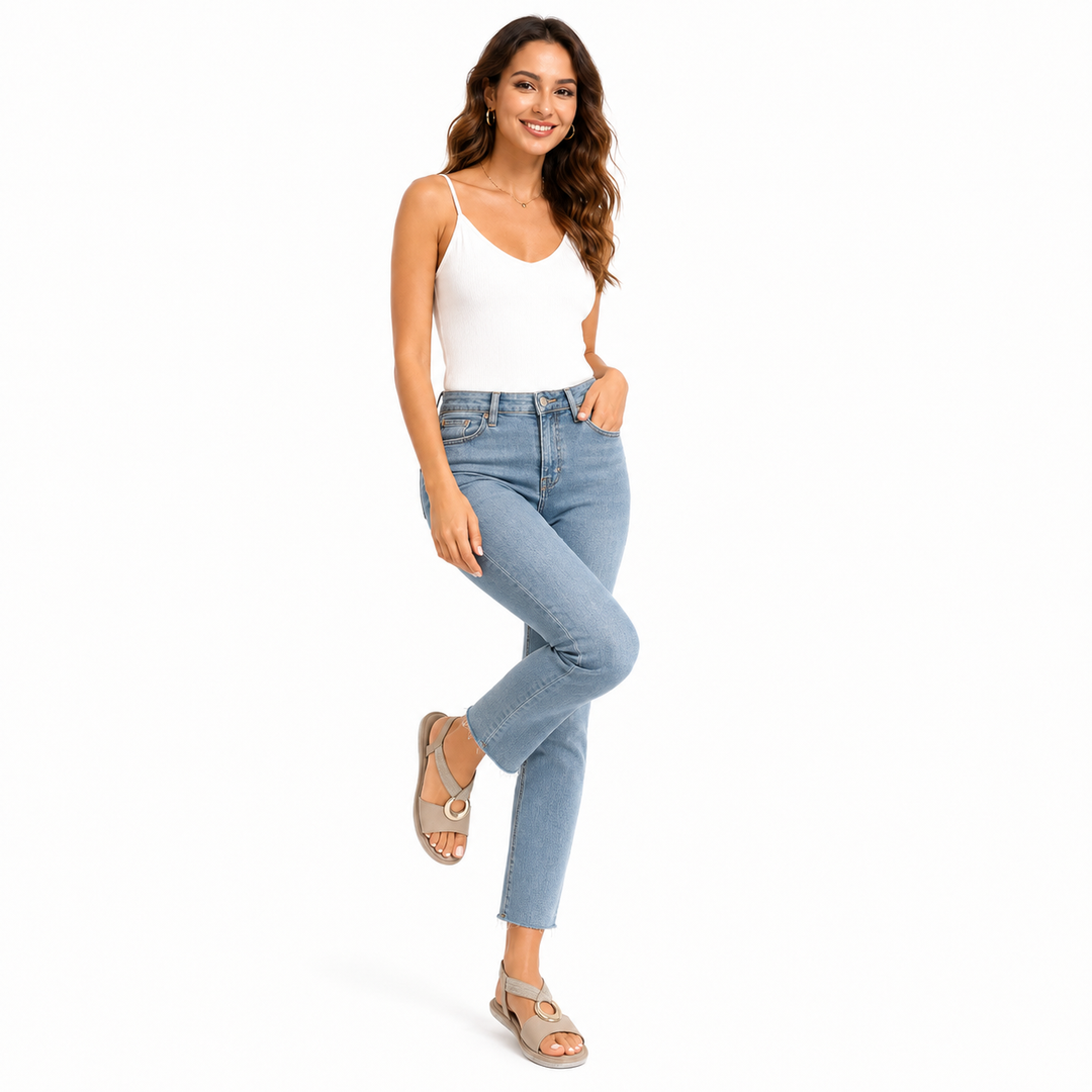 Woman wearing Khaki open-toe wedge sandals with elastic straps and ring detail on a clean white studio background.