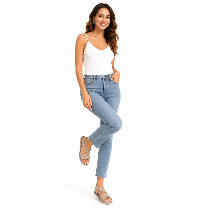 Woman wearing Khaki open-toe wedge sandals with elastic straps and ring detail on a clean white studio background.