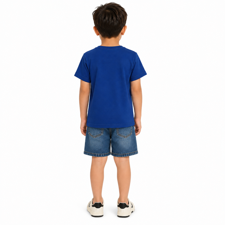 Back view of kids navy short-sleeve tee and denim shorts set, showing the garment shape, seams and simple rear design.