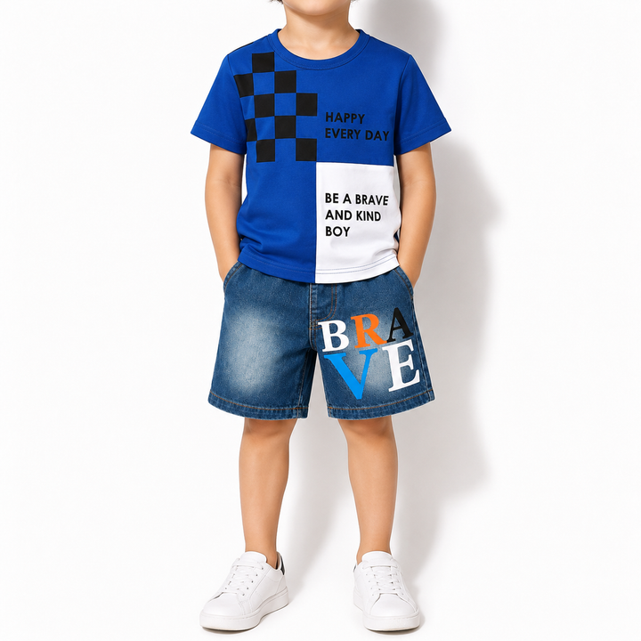 Front view of kids navy graphic tee and denim shorts set, showing checker print, text panel and BRAVE letter design.