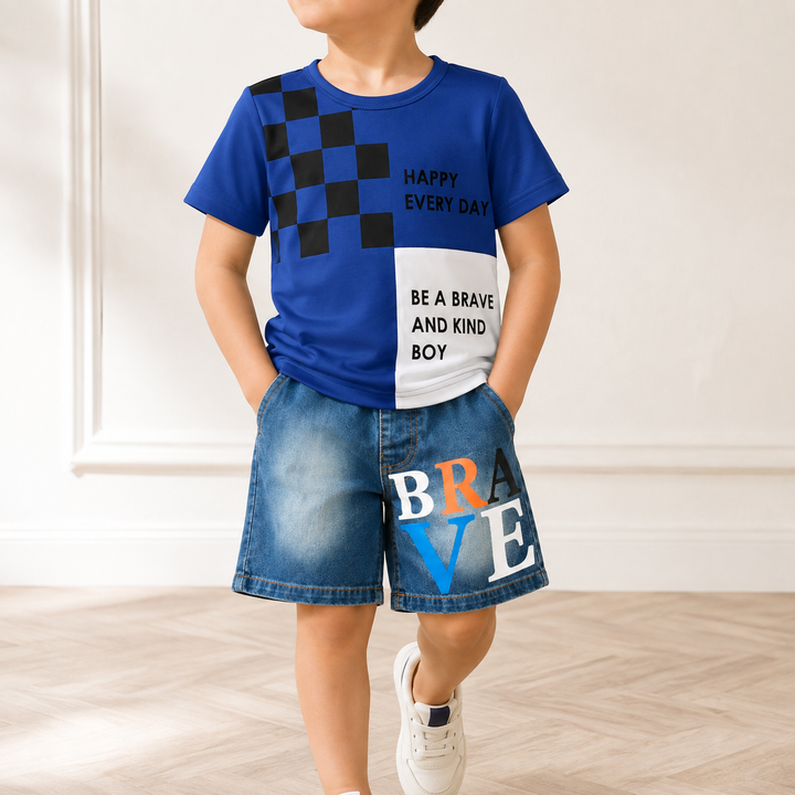 Kids navy graphic tee and denim shorts shown in a clean lifestyle hero image focused on the coordinated two-piece design.