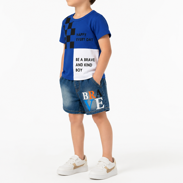 Side fit view of kids navy graphic tee and denim shorts, showing outfit proportions, sleeve length and shorts silhouette.