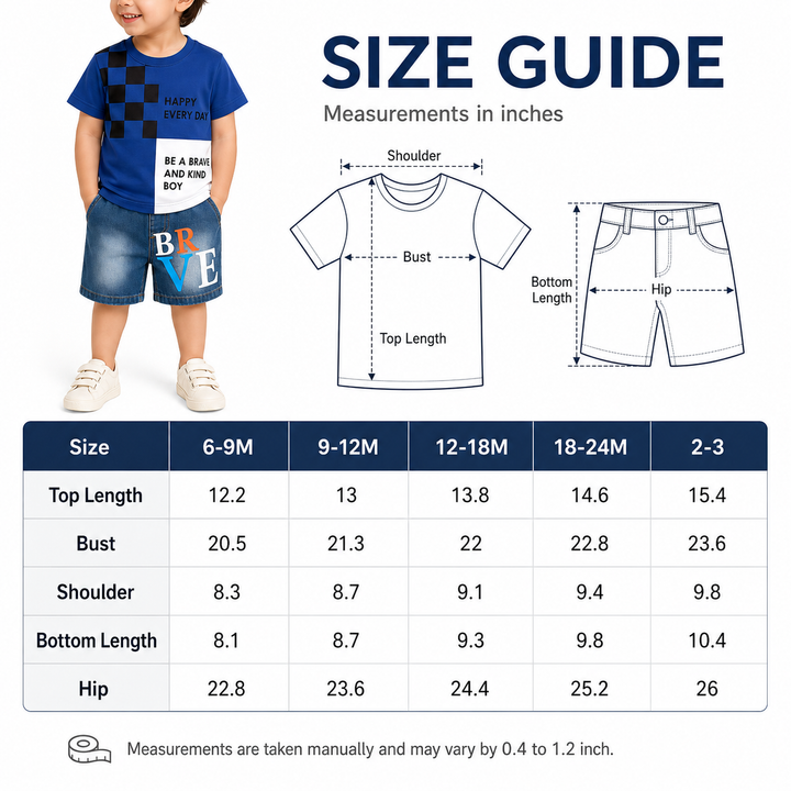 Kids navy outfit size guide with verified measurements for 6-9M through 2-3, including top length, bust, shoulder and hip.