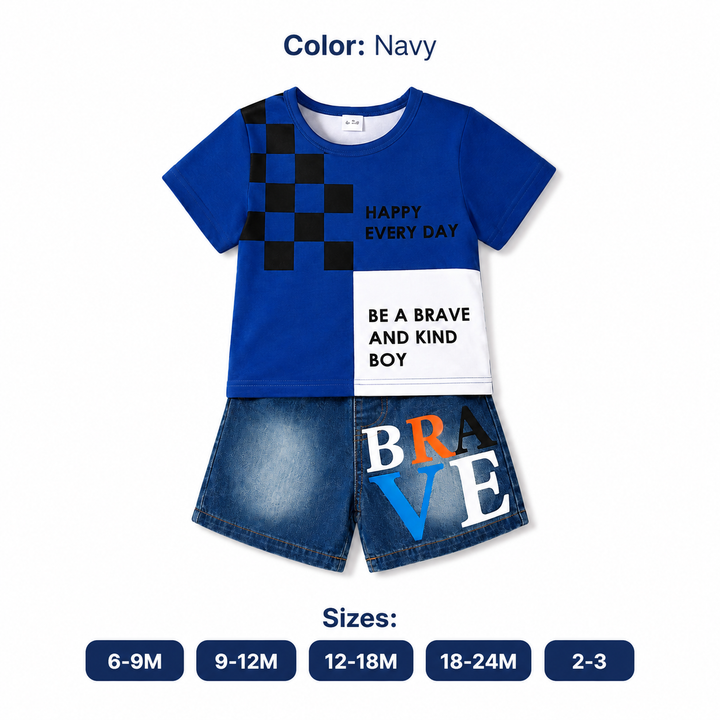 Kids navy outfit set shown with verified color Navy and sizes 6-9M, 9-12M, 12-18M, 18-24M and 2-3 years.