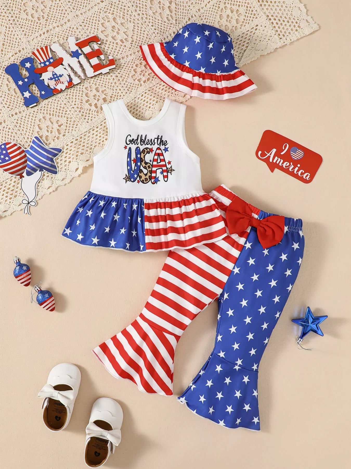 kids patriotic outfit set matching hat and ruffled top with elastic-waist pants for family photo moments outdoors
