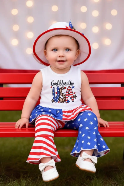 kids patriotic outfit set three-piece outfit with hat and ruffle trim stretchy fabric for July 4th weekend plans
