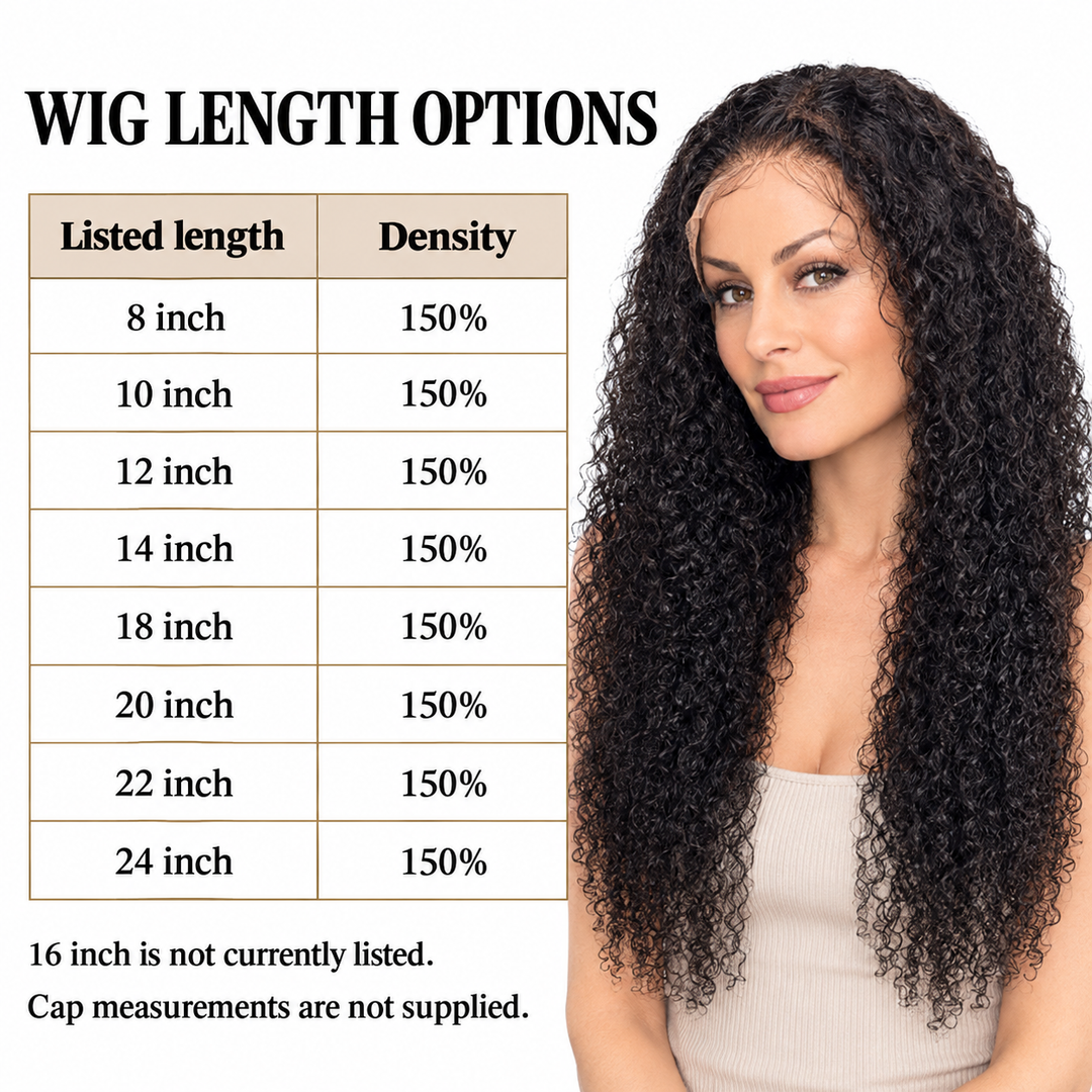 Wig length guide listing 8, 10, 12, 14, 18, 20, 22 and 24 inch options at 150% density, with adult model on white background.