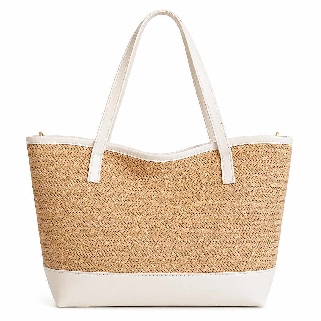 Back view of light khaki woven tote bag showing white trim, white bottom panel, long shoulder handles and clean stitching