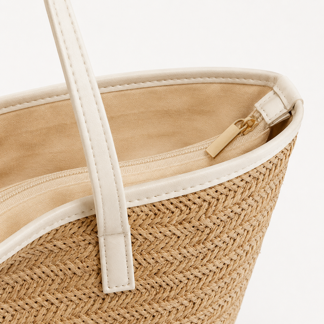 Close-up of Bride tote top opening with white trim, handle base, woven texture and visible zipper detail