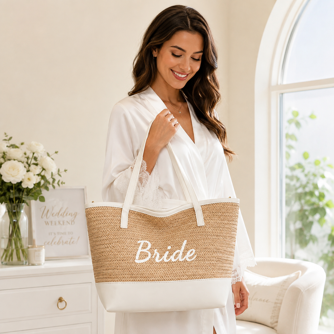 Bride woven tote bag carried in a bright bridal setting with light khaki body, white trim and long shoulder handles