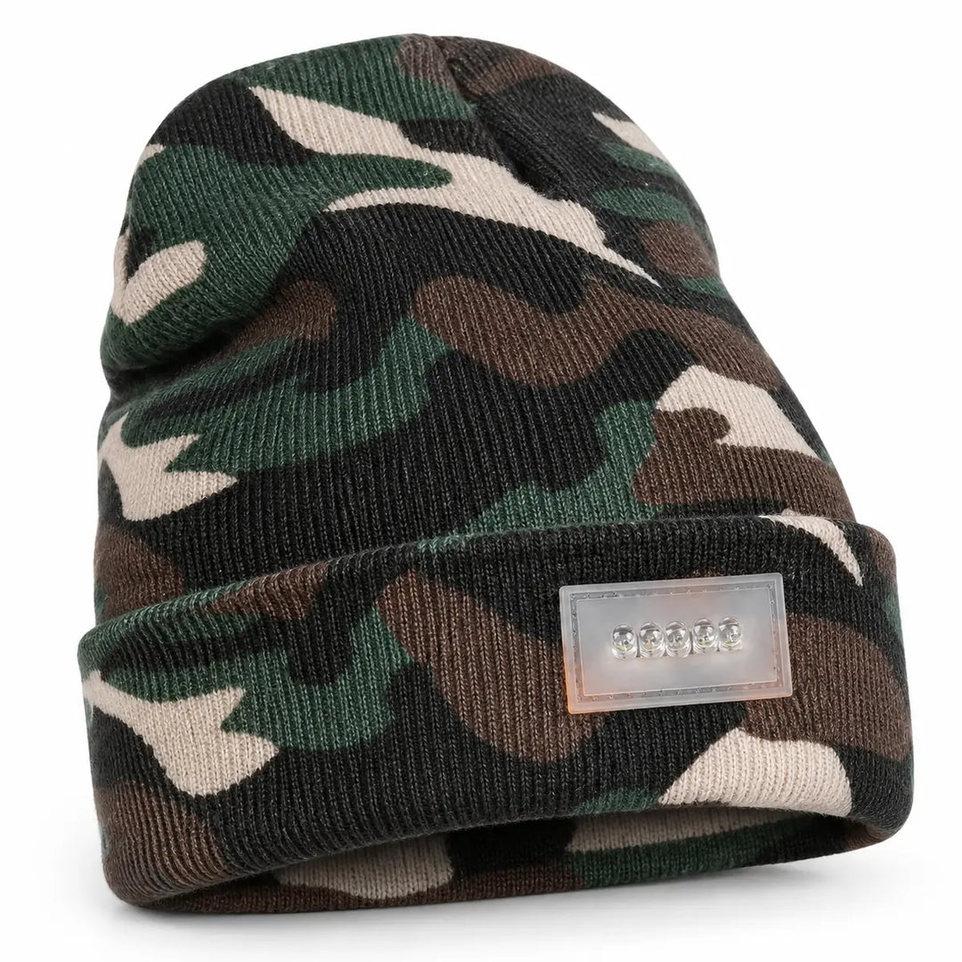 LED beanie hat shown in a clean studio front view with folded cuff, ribbed knit texture and transparent five-light panel unit